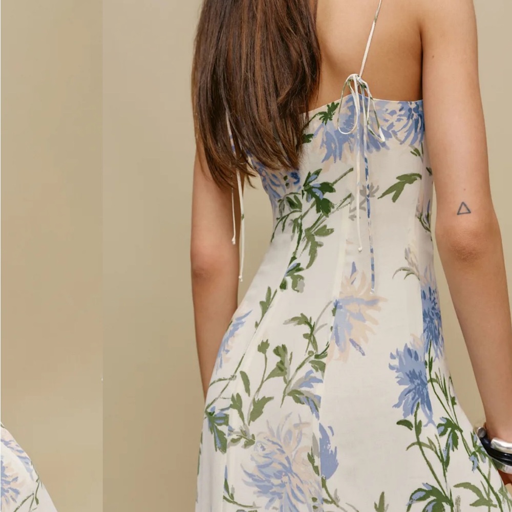 Reformation Emely Dress Midi Length Serenity Ivory Lilac Floral Lace Up French - Picture 3 of 11